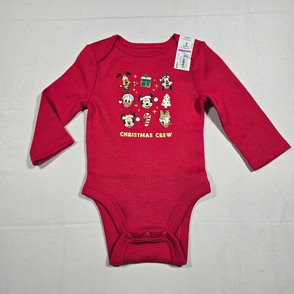 Disney Baby Boy Red Christmas Crew Thermal Bodysuit Mickey Minnie 3M